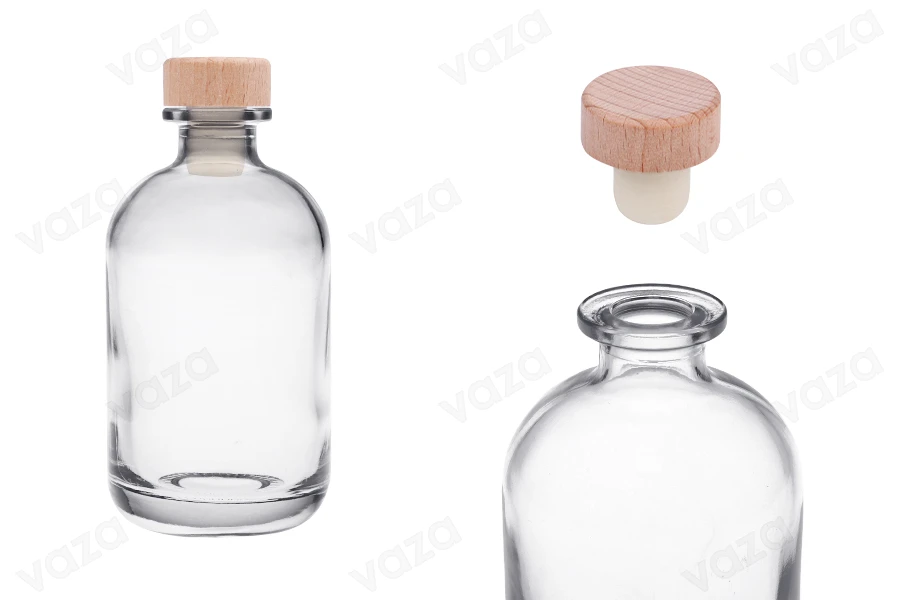 Flacon en verre transparent de 375 ml avec bouchon en silicone et tête en bois Flacon en verre transparent de 375 ml avec bouchon en silicone et tête en bois-photo_produit