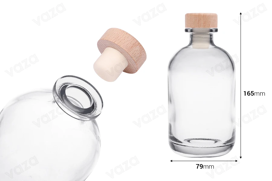 Flacon en verre transparent de 375 ml avec bouchon en silicone et tête en bois Flacon en verre transparent de 375 ml avec bouchon en silicone et tête en bois-photo_dimensions