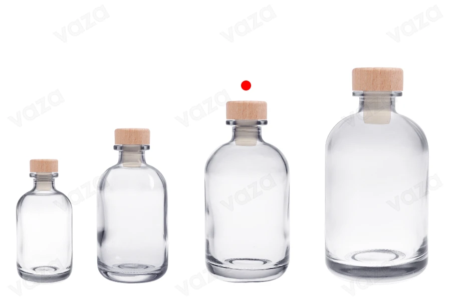 Flacon en verre transparent de 375 ml avec bouchon en silicone et tête en bois Flacon en verre transparent de 375 ml avec bouchon en silicone et tête en bois-photo_groupe