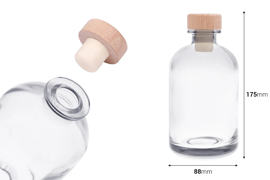 Γυάλινο μπουκάλι διάφανο 500 ml με φελλό σιλικόνης με ξύλινη κεφαλή