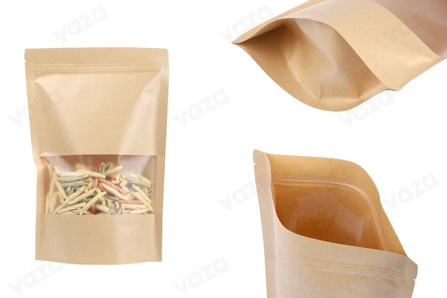 Sachet Doypack kraft 200x50x295 mm avec fermeture éclair et fenêtre, une couche intérieure et extérieure transparente, également thermoscellable - 100 pcs-photo_produit