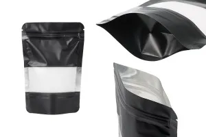 Aluminiumbeutel vom Typ Doy Pack, mit „Reißverschluss“, Fenster und heißsiegelbar, 100 x 30 x 145mm – 100 Stück-1