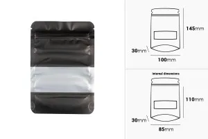 Aluminiumbeutel vom Typ Doy Pack, mit „Reißverschluss“, Fenster und heißsiegelbar, 100 x 30 x 145mm – 100 Stück-2