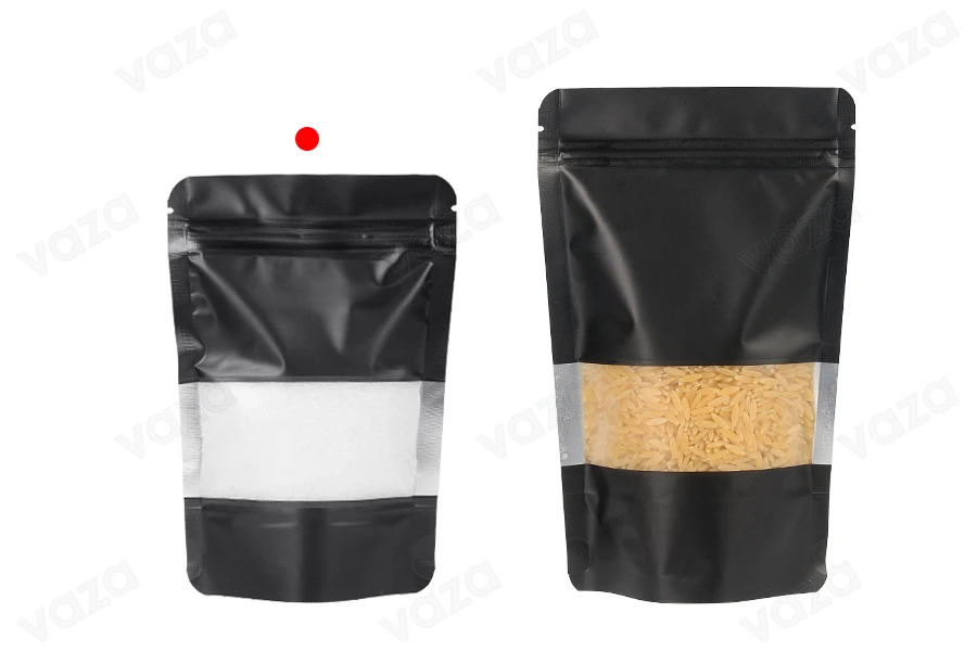 Σακουλάκια αλουμινίου τύπου Doy Pack 100x30x145 mm, με κλείσιμο "zip", παράθυρο και δυνατότητα σφράγισης με θερμοκόλληση  - 100 τμχ-εικόνα_σύνθεση