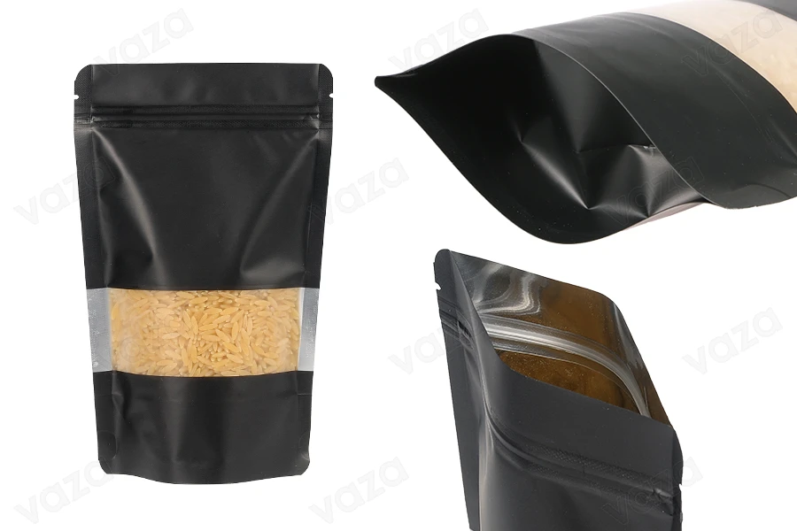 Sachets en aluminium de type Doy Pack 120x40x195 mm, avec fermeture "zip", fenêtre et thermoscellable - 100 pcs Sachets en aluminium de type Doy Pack 120x40x195 mm, avec fermeture "zip", fenêtre et thermoscellable - 100 pcs-photo_produit
