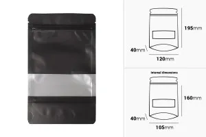 Aluminiumbeutel vom Typ Doy Pack, mit „Reißverschluss“, Fenster und heißsiegelbar, 120 x 40 x 195mm – 100 Stück-2
