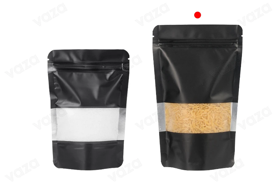 Sachets en aluminium de type Doy Pack 120x40x195 mm, avec fermeture "zip", fenêtre et thermoscellable - 100 pcs Sachets en aluminium de type Doy Pack 120x40x195 mm, avec fermeture "zip", fenêtre et thermoscellable - 100 pcs-photo_groupe