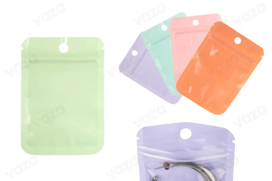 Plastic bags with zip closure 70x100 mm in various colors, transparent front side and heat sealing possibility - 100 pcs. Plastic bags with zip closure 70x100 mm in various colors, transparent front side and heat sealing possibility - 100 pcs.-image_product