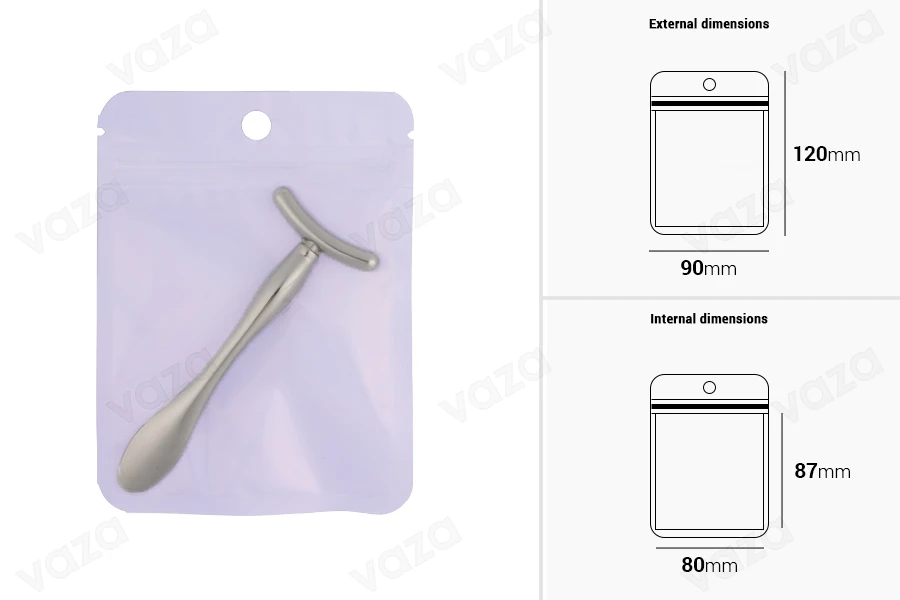 Plastiktüten mit Zip-Verschluss 90x120 mm in verschiedenen Farben, transparenter Vorderseite und Heißsiegelmöglichkeit - 100 Stk.-bildabmessungen