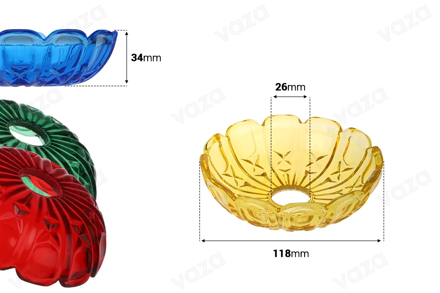 Πιατάκι γυάλινο 118x34 με τρύπα στο κέντρο (26 mm) για κηροπήγια και πολυελαίους σε διάφορα χρώματα Πιατάκι γυάλινο 118x34 με τρύπα στο κέντρο (26 mm) για κηροπήγια και πολυελαίους σε διάφορα χρώματα-εικόνα_διαστάσεις