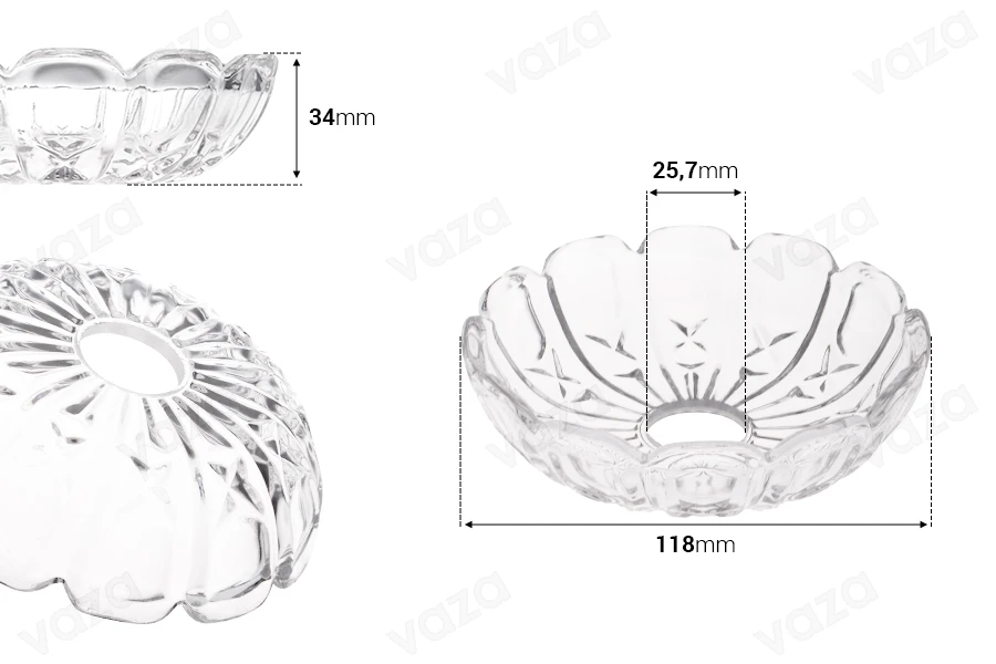 Πιατάκι γυάλινο διάφανο 118x34 mm με τρύπα στο κέντρο (26 mm) για κηροπήγια και πολυελαίους Πιατάκι γυάλινο διάφανο 118x34 mm με τρύπα στο κέντρο (26 mm) για κηροπήγια και πολυελαίους-εικόνα_διαστάσεις
