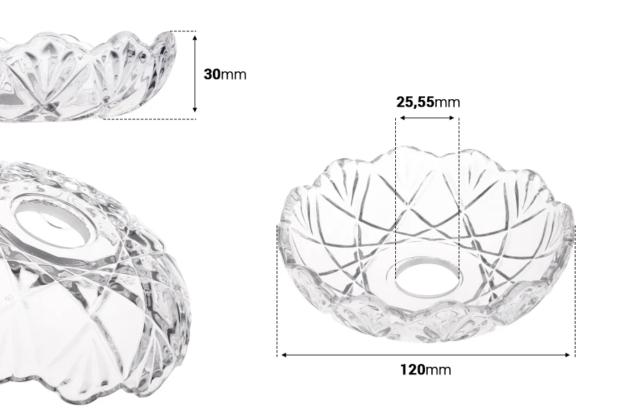 Glass transparent bobeche 120x30 with 26 mm center hole for candlesticks and chandeliers