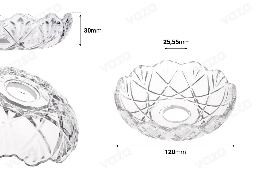 Bobèche en verre transparent 120x30 avec trou central de 26 mm pour bougeoirs et lustres-photo_dimensions