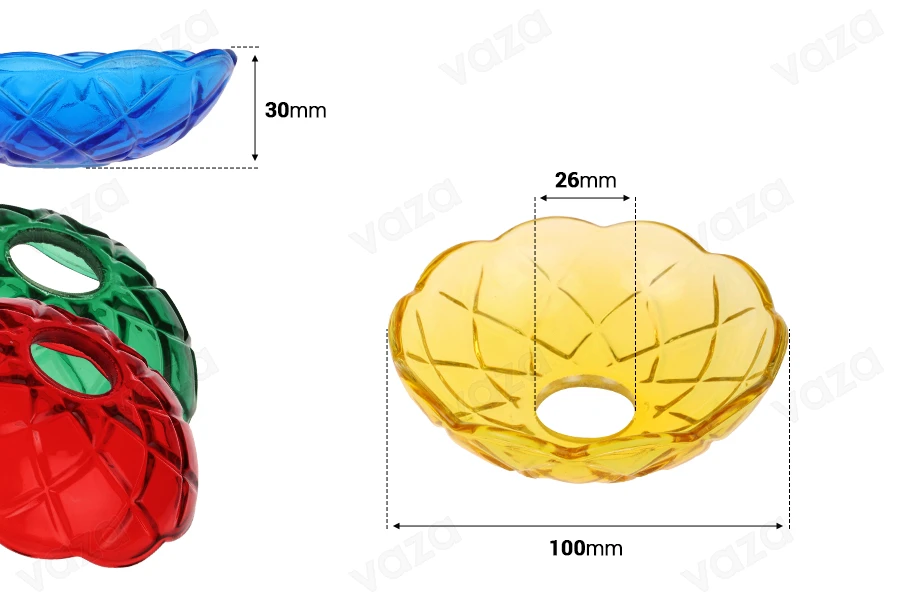 Πιατάκι γυάλινο 100x30 με τρύπα στο κέντρο (26 mm) για κηροπήγια και πολυελαίους σε διάφορα χρώματα Πιατάκι γυάλινο 100x30 με τρύπα στο κέντρο (26 mm) για κηροπήγια και πολυελαίους σε διάφορα χρώματα-εικόνα_διαστάσεις