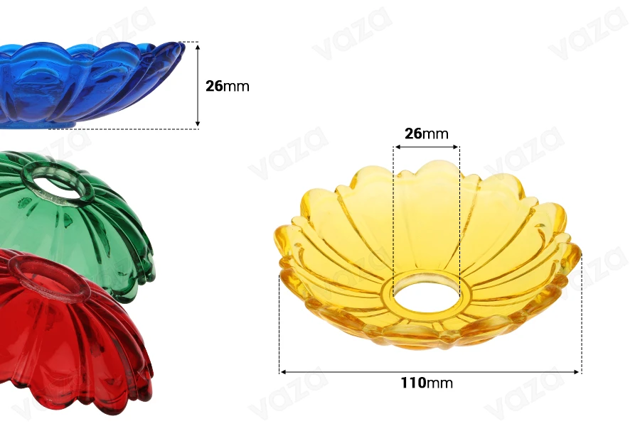 Πιατάκι γυάλινο 110x26 με τρύπα στο κέντρο (26 mm) για κηροπήγια και πολυελαίους σε διάφορα χρώματα-εικόνα_διαστάσεις