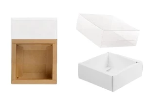 Boîte d'emballage en papier (300 g/m²) 85x85x30 mm avec fenêtre transparente tiroir en blanc et kraft - 12 pièces-1