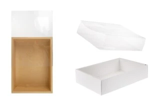Boîte d'emballage en papier (300 g/m²) 250x180x60 mm avec fenêtre transparente à tiroir en blanc et kraft - 12 pièces-1
