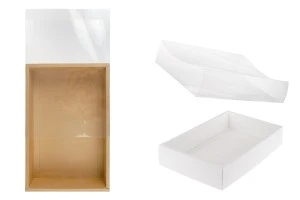 Boîte d'emballage en papier (300 g/m²) 300x200x60 mm avec fenêtre transparente à tiroir en blanc et kraft - 12 pièces-1
