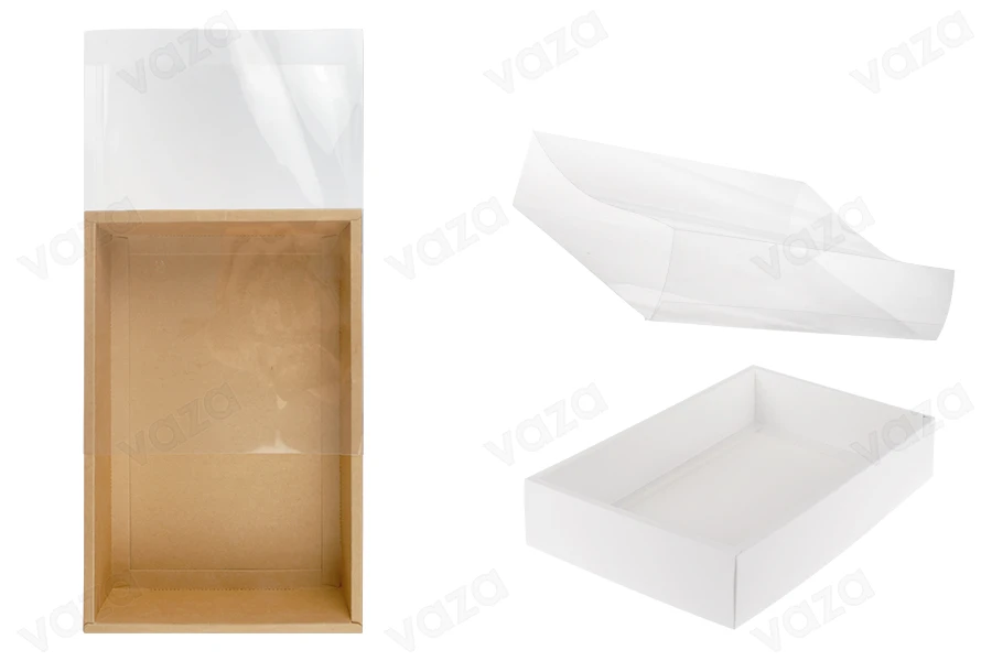 Scatola di imballaggio in carta (300gsm) 300x200x60 mm con cassetto e finestra trasparente in colore bianco e kraft - 12 pezzi Scatola di imballaggio in carta (300gsm) 300x200x60 mm con cassetto e finestra trasparente in colore bianco e kraft - 12 pezzi-immagine_prodotto