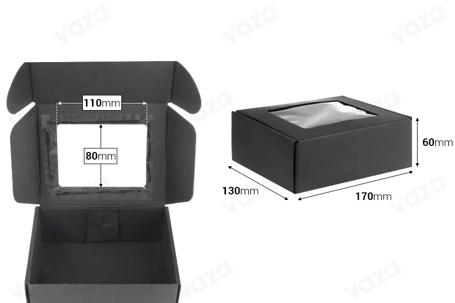 Black kraft paper packaging box with window 170x130x60 mm - 20 pcs-image_dimensions