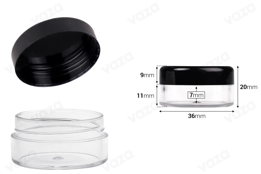 Vasetto trasparente per crema 10 ml SAN con tappo nero-dimensioni_immagine