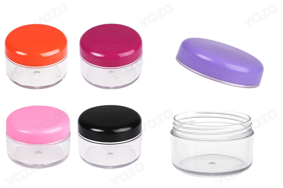 Vasetto in acrilico da 50 ml con tappo in vari colori e striscia argentata in confezione da 12 pezzi-immagine_prodotto