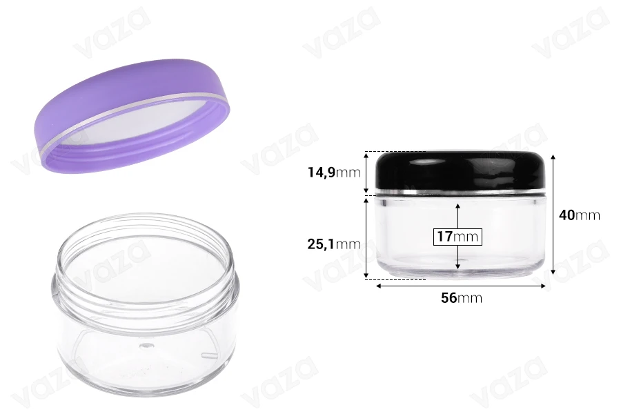 Vasetto in acrilico da 50 ml con tappo in vari colori e striscia argentata in confezione da 12 pezzi-dimensioni_immagine