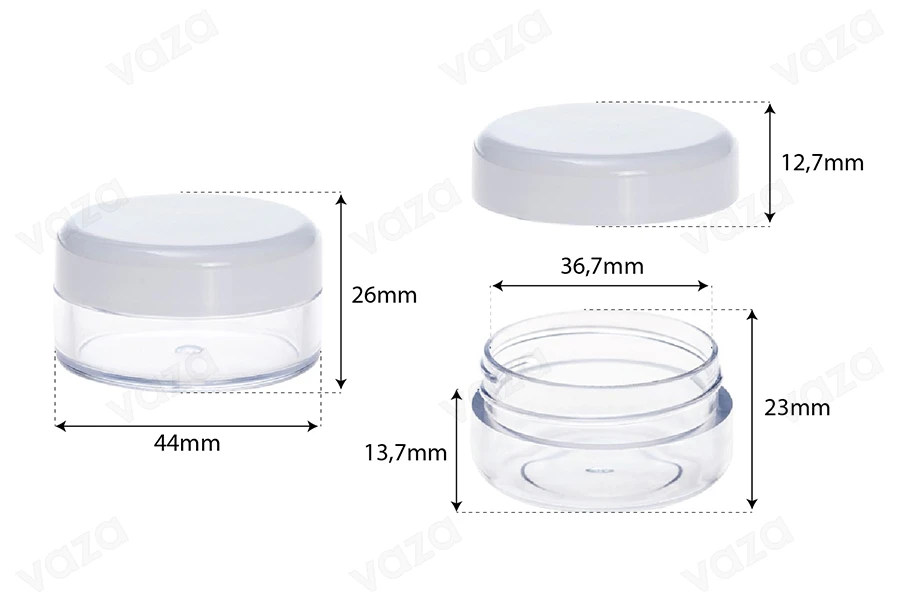 Acrylic 15ml transparent cosmetics jar with white cap, available in a package with 12 pieces Acrylic 15ml transparent cosmetics jar with white cap, available in a package with 12 pieces-image_dimensions