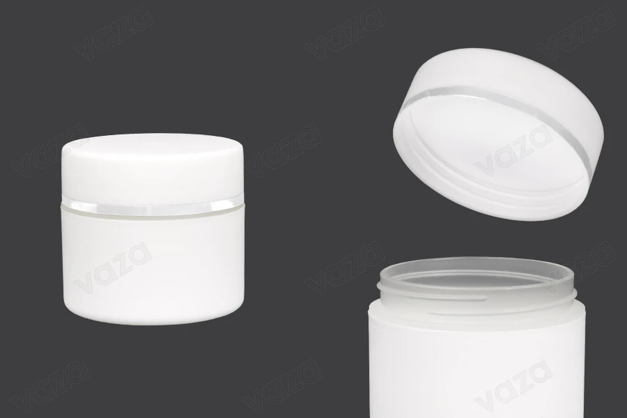 Βάζο πλαστικό λευκό ΜΑΤ 50ml με ασημί ρίγα και εσωτερικό liner στο καπάκι - 12 τμχ Βάζο πλαστικό λευκό ΜΑΤ 50ml με ασημί ρίγα και εσωτερικό liner στο καπάκι - 12 τμχ-εικόνα_προϊοντική
