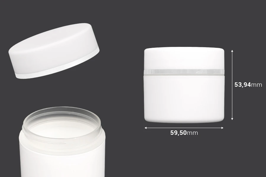 Βάζο πλαστικό λευκό ΜΑΤ 50ml με ασημί ρίγα και εσωτερικό liner στο καπάκι - 12 τμχ