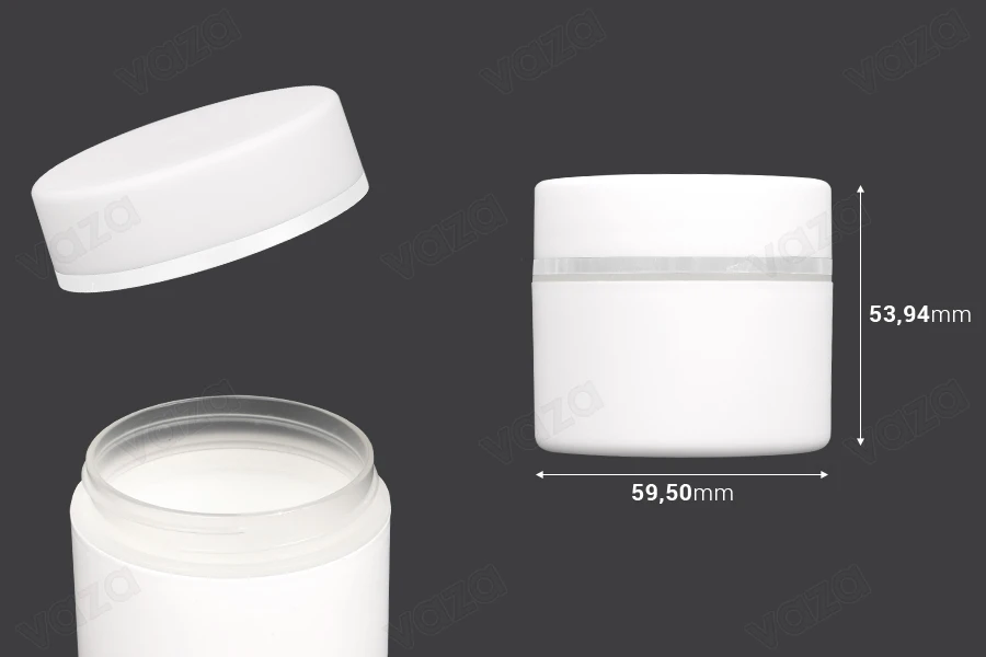 Βάζο πλαστικό λευκό ΜΑΤ 50ml με ασημί ρίγα και εσωτερικό liner στο καπάκι - 12 τμχ Βάζο πλαστικό λευκό ΜΑΤ 50ml με ασημί ρίγα και εσωτερικό liner στο καπάκι - 12 τμχ-εικόνα_διαστάσεις