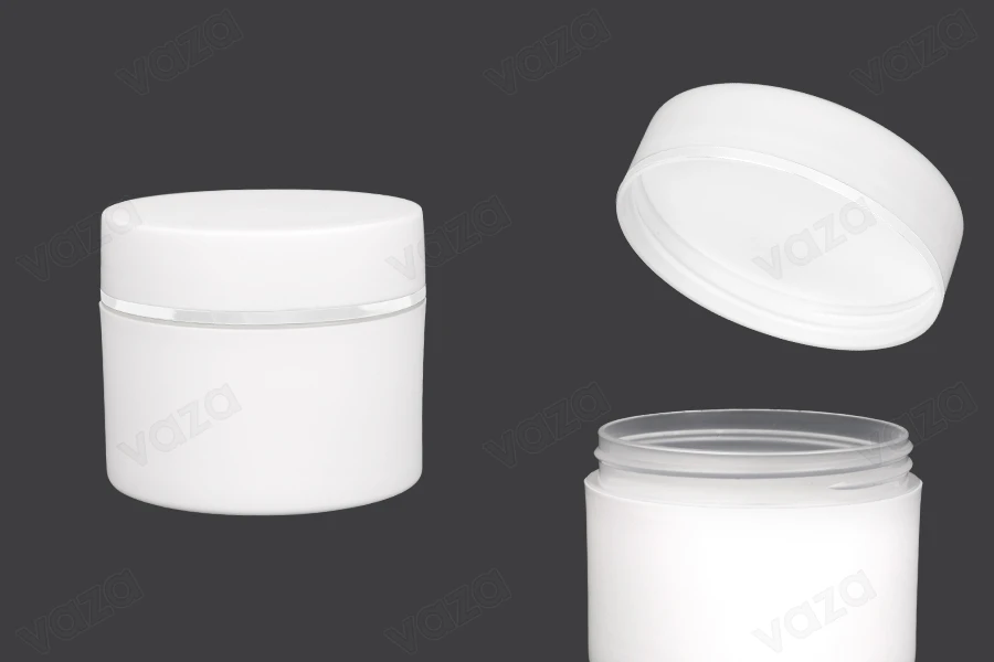 Kavanoz plastik i bardhë mat 250 ml me shirit argjendi dhe tapë të brendshme në kapak - 6 copë    -imazh_produkt
