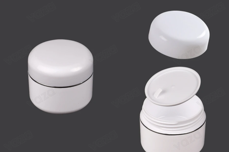 Vasetto in plastica da 30 ml a doppia parete con striscia argentata, sottotappo e tappo - 12 pz Vasetto in plastica da 30 ml a doppia parete con striscia argentata, sottotappo e tappo - 12 pz-εικόνα_προϊοντική