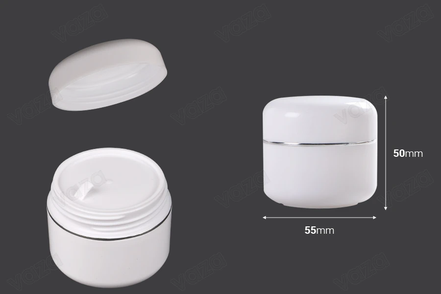 Vasetto in plastica da 30 ml a doppia parete con striscia argentata, sottotappo e tappo - 12 pz Vasetto in plastica da 30 ml a doppia parete con striscia argentata, sottotappo e tappo - 12 pz-εικόνα_διαστάσεις