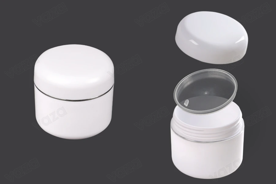 White 50ml double wall plastic cream jar with cap, sealing disc and silver stripe on the cap - available in a package with 12 pcs White 50ml double wall plastic cream jar with cap, sealing disc and silver stripe on the cap - available in a package with 12 pcs-image_product