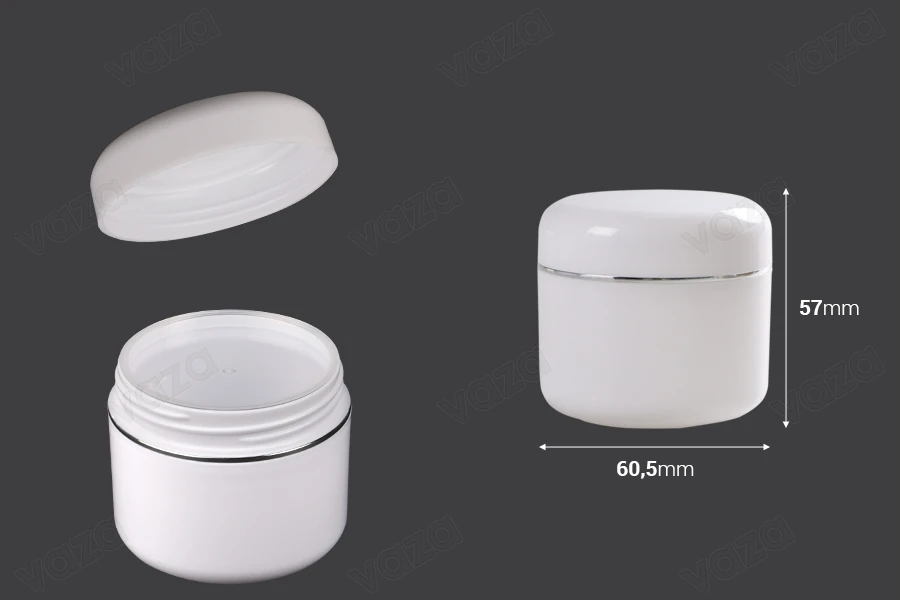 White 50ml double wall plastic cream jar with cap, sealing disc and silver stripe on the cap - available in a package with 12 pcs White 50ml double wall plastic cream jar with cap, sealing disc and silver stripe on the cap - available in a package with 12 pcs-image_dimensions