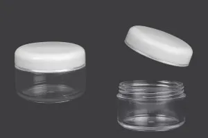 Ακρυλικό βάζο 50 ml διάφανο με λευκό καπάκι και ασημί ρίγα σε συσκευασία 12 τεμαχίων-1