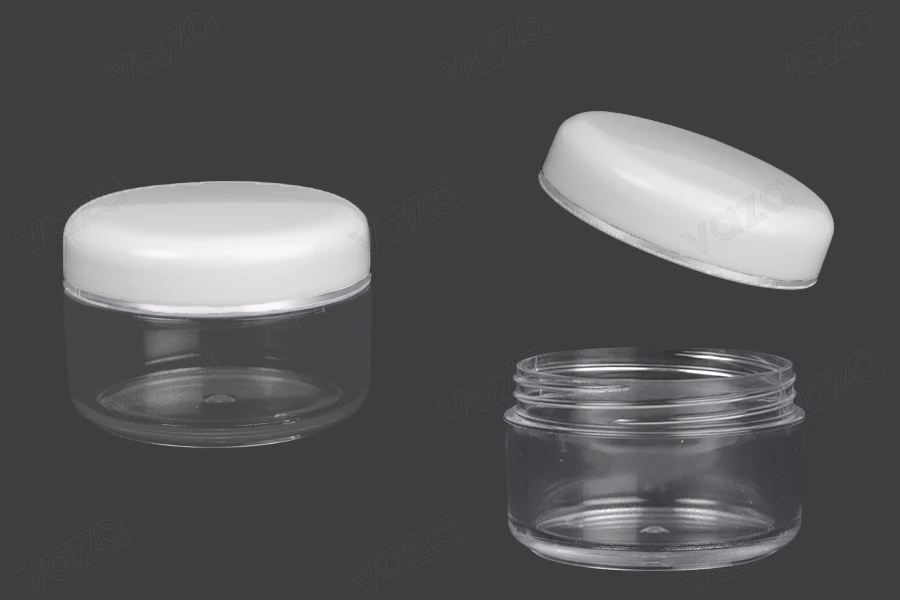 Vasetto in acrilico da 50 ml trasparente con tappo bianco e striscia argentata in confezione da 12 pz.-immagine_prodotto
