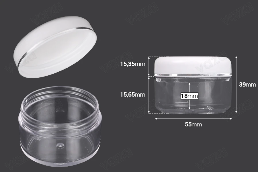 Vasetto in acrilico da 50 ml trasparente con tappo bianco e striscia argentata in confezione da 12 pz.-dimensioni_immagine