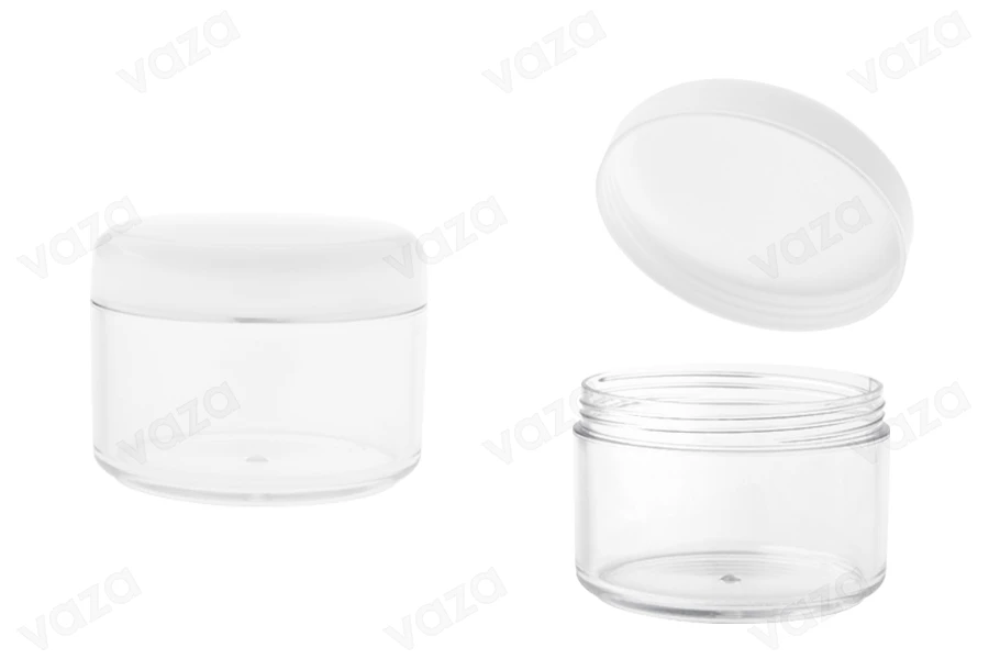 Acryl- Cremedose 200ml mit weißem Deckel und silbernen Streifen Acryl- Cremedose 200ml mit weißem Deckel und silbernen Streifen-produktbild