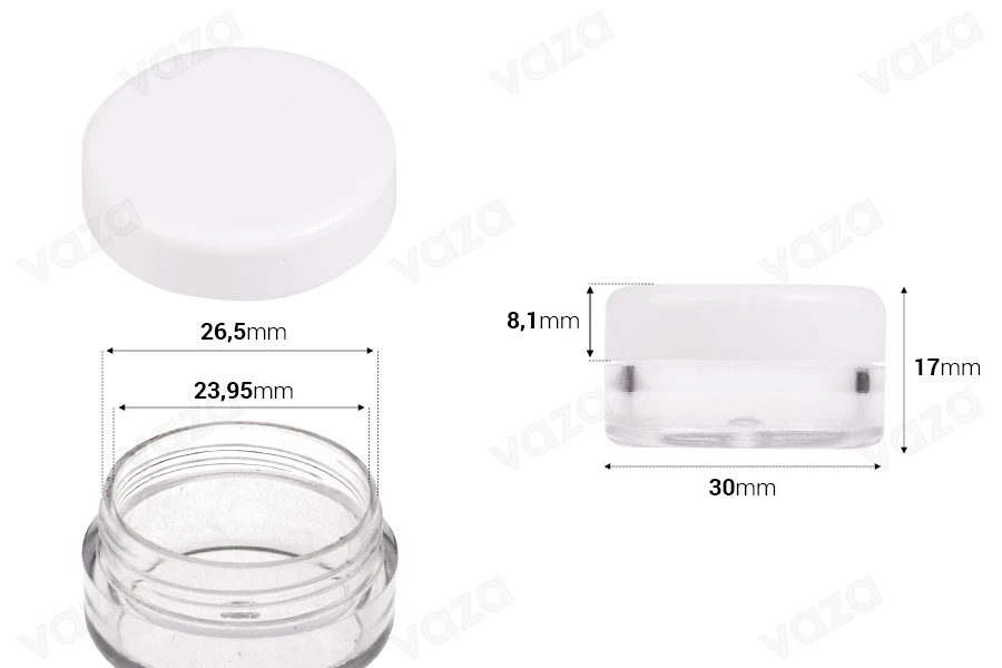 Kavanoz akrilik transparent për kremra 5 ml me kapak te bardhë Kavanoz akrilik transparent për kremra 5 ml me kapak te bardhë-imazh_dimensione