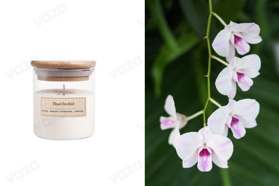 Thai Orchid Qiri aromatik soje me fitil druri (110gr) Thai Orchid Qiri aromatik soje me fitil druri (110gr)-imazh_produkt