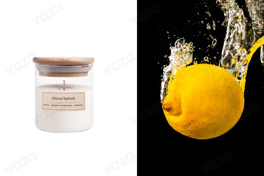 Citrus Splash qiri aromatik soje me fitil pambuku (110gr) Citrus Splash qiri aromatik soje me fitil pambuku (110gr)-imazh_produkt