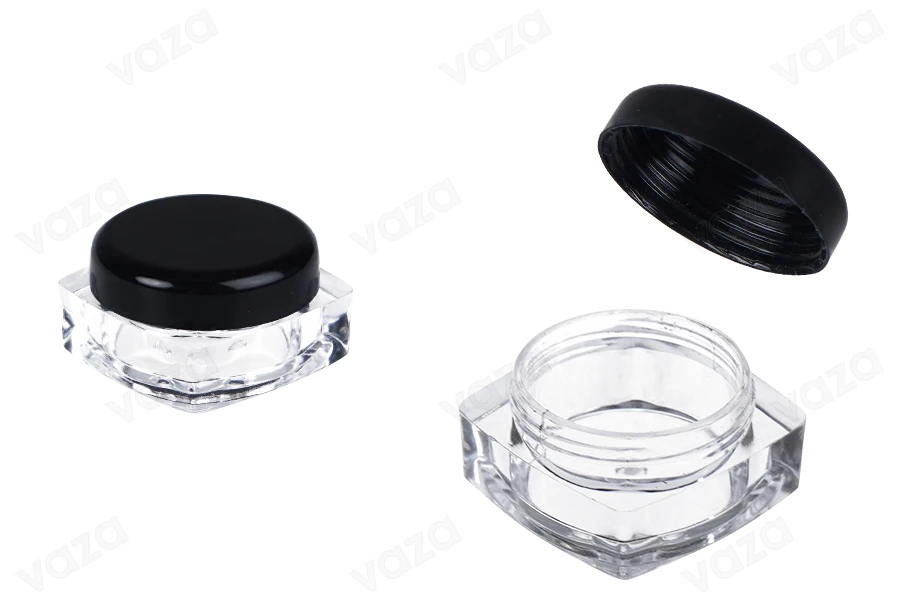 Vasetto quadrato da 5 ml in acrilico trasparente con tappo nero per creme in confezione da 12 pezzi Vasetto quadrato da 5 ml in acrilico trasparente con tappo nero per creme in confezione da 12 pezzi-immagine_prodotto