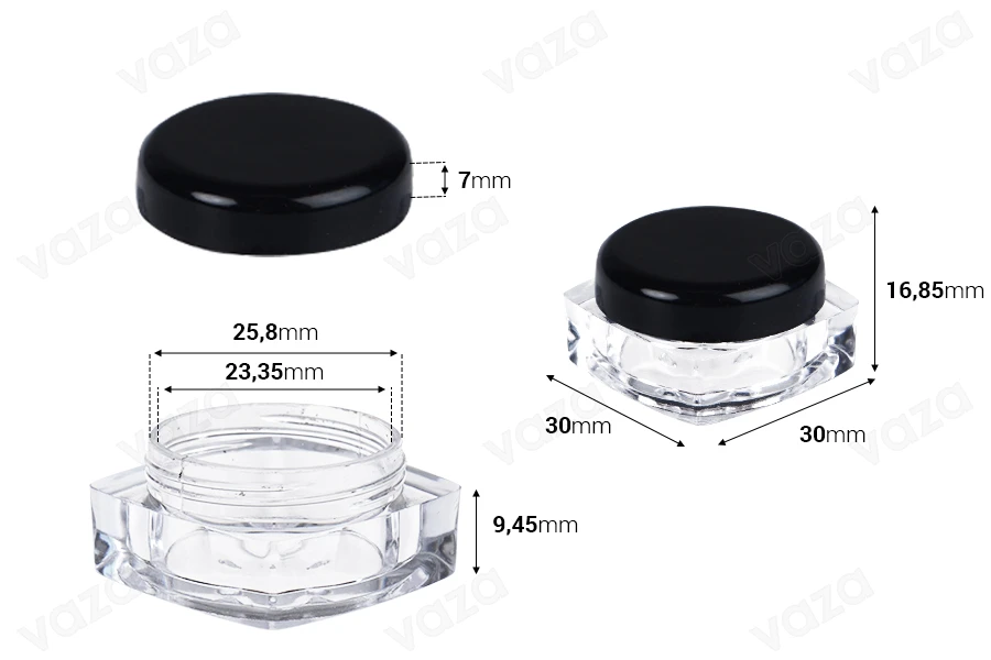 Vasetto quadrato da 5 ml in acrilico trasparente con tappo nero per creme in confezione da 12 pezzi Vasetto quadrato da 5 ml in acrilico trasparente con tappo nero per creme in confezione da 12 pezzi-dimensioni_immagine