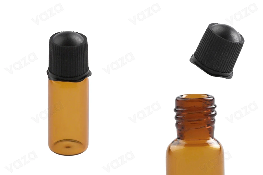 Mini 1ml amber glass bottle with black cap in size 11x34 mm - available in a package with 25 pcs-image_product