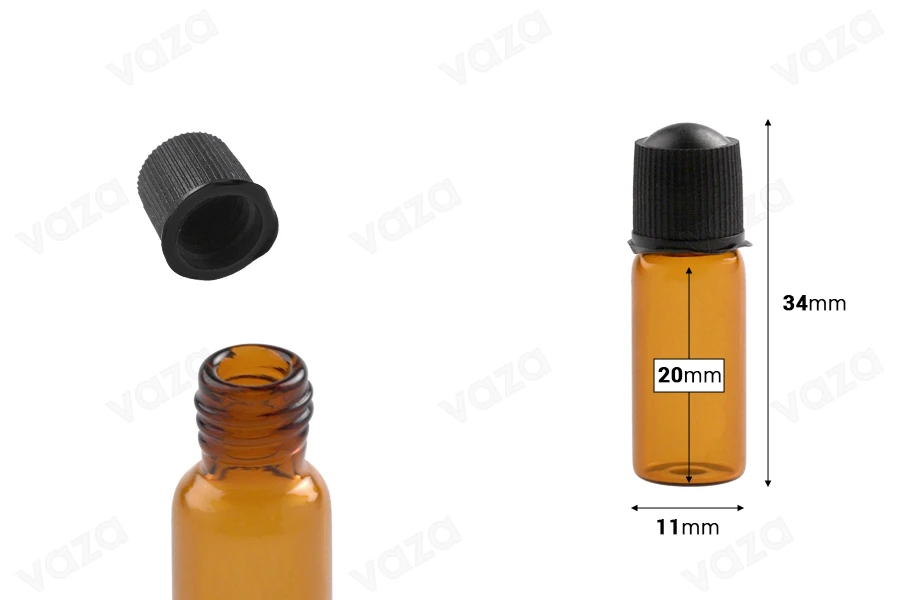 Mini 1ml amber glass bottle with black cap in size 11x34 mm - available in a package with 25 pcs-image_dimensions