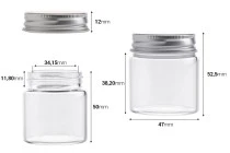 Glas 50 mit silbernem Alu Deckel 47x52,5mm - 12 Stücke Glas 50 mit silbernem Alu Deckel 47x52,5mm - 12 Stücke
