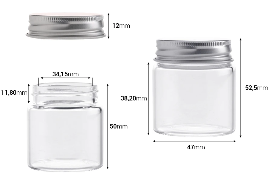 Glas 50 mit silbernem Alu Deckel 47x52,5mm - 12 Stücke Glas 50 mit silbernem Alu Deckel 47x52,5mm - 12 Stücke