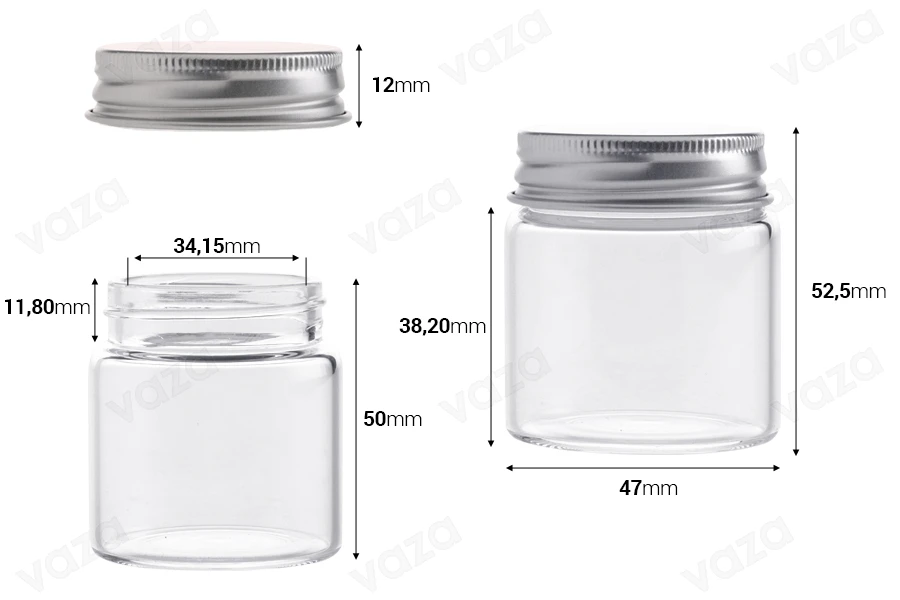 Barattolo in vetro da 50 ml con tappo in alluminio argentato 47x52,5 mm - 12 pz Barattolo in vetro da 50 ml con tappo in alluminio argentato 47x52,5 mm - 12 pz-εικόνα_διαστάσεις